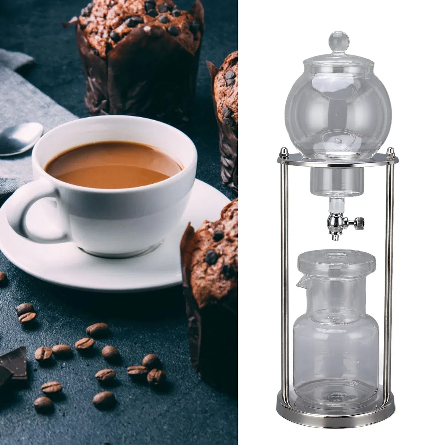 Cold Brew Drip Tower 600ml - Glass Ice Coffee Maker | Wahooly Cold Brew Drip Tower 600ml Reusable Glass Filtering Transparent Stainless Steel Stand DIY Ice Coffee Brew Tower Cold Brew Tower