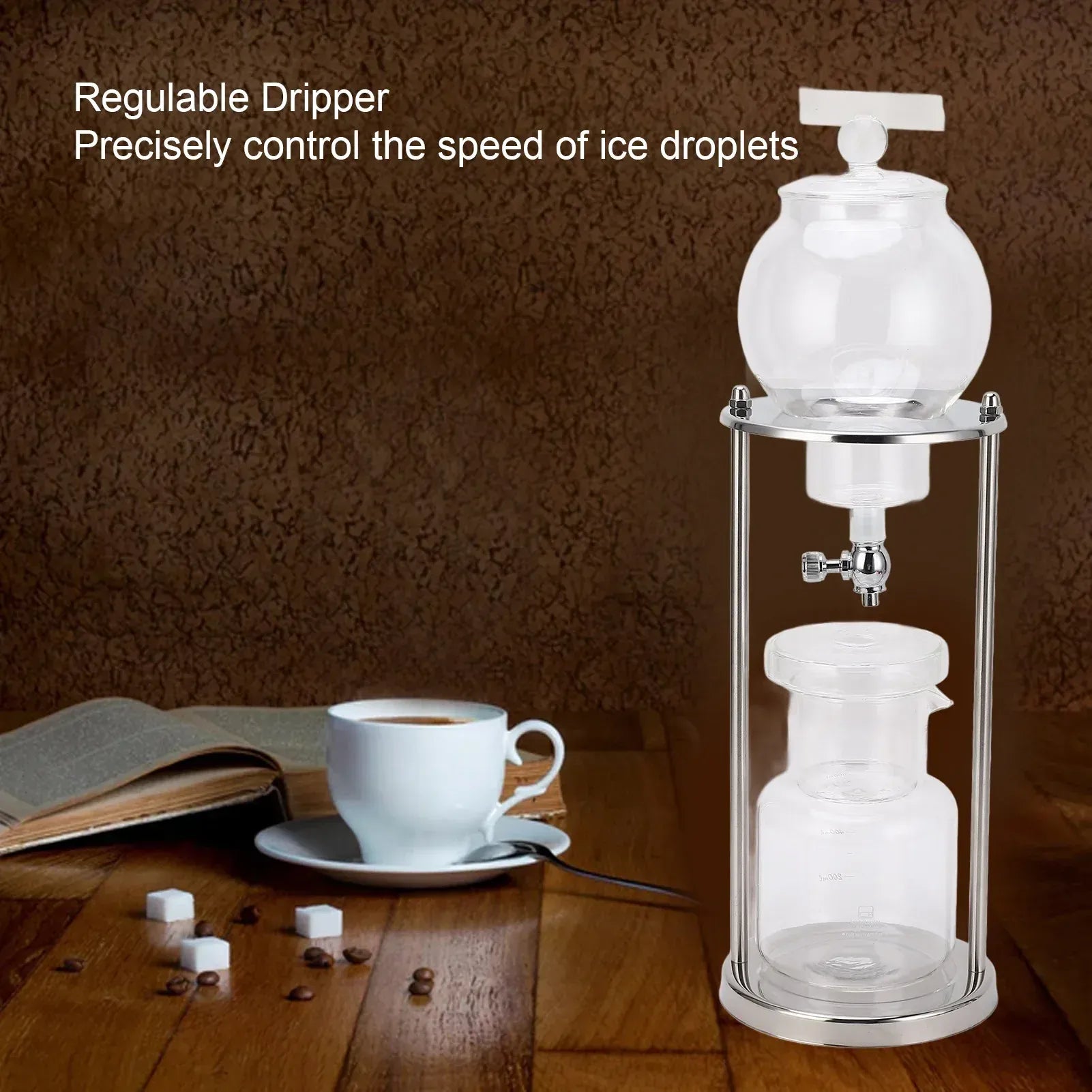 Cold Brew Drip Tower 600ml - Glass Ice Coffee Maker | Wahooly Cold Brew Drip Tower 600ml Reusable Glass Filtering Transparent Stainless Steel Stand DIY Ice Coffee Brew Tower Cold Brew Tower