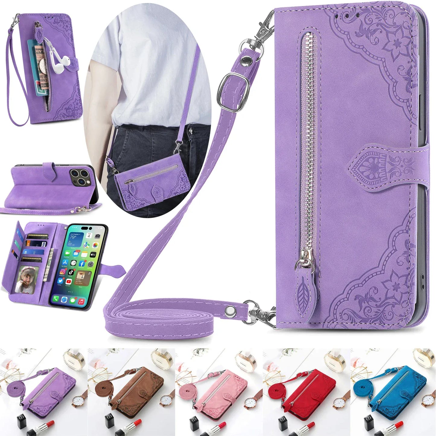Crossbody Leather Wallet iPhone Case – Zipper Card Pocket & Lanyard | iPhone X–16 Pro Max | Wahooly Crossbody Leather Wallet iPhone Case – Zipper Card Pocket & Lanyard Strap | iPhone X to 16 Pro Max