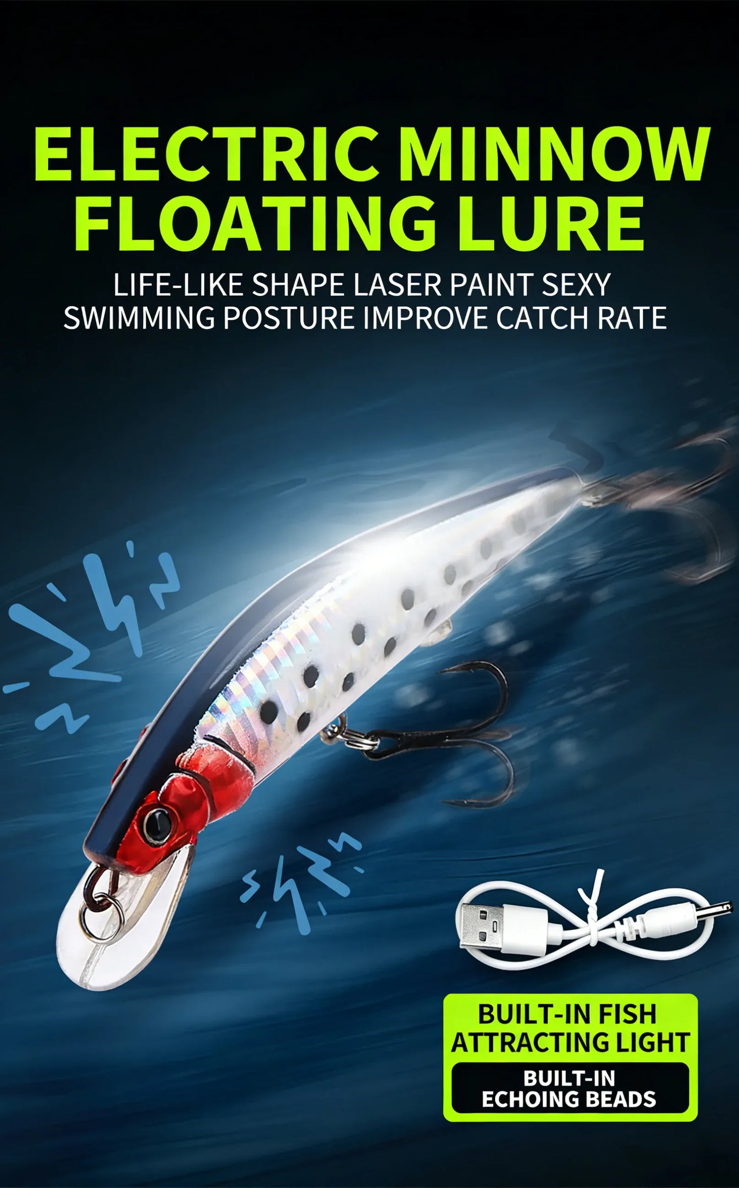 Electric LED Fishing Lure USB Rechargeable Vibrating Bait – Wahooly Electric LED Fishing Lure – USB Rechargeable, Life-Like Vibrating Bait