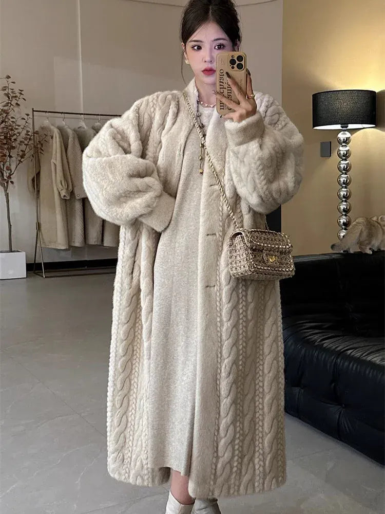 Elegant Faux Mink Fur Long Coats Winter Warm Thicken Cotton Padded Lined Jackets Women Single Breasted Loose Abrigos Tops Elegant Faux Mink Fur Long Coats Winter Warm Thicken Cotton Padded Lined Jackets Women Single Breasted Loose Abrigos Tops