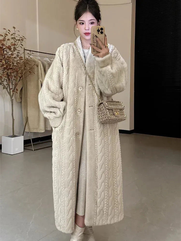 Elegant Faux Mink Fur Long Coats Winter Warm Thicken Cotton Padded Lined Jackets Women Single Breasted Loose Abrigos Tops Elegant Faux Mink Fur Long Coats Winter Warm Thicken Cotton Padded Lined Jackets Women Single Breasted Loose Abrigos Tops