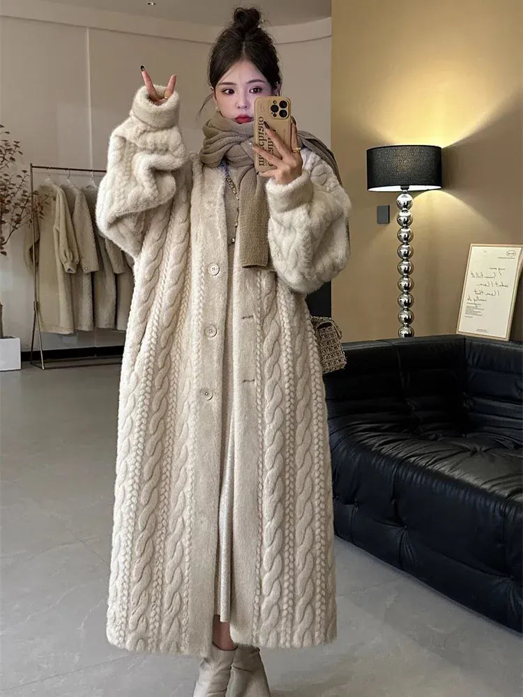 Elegant Faux Mink Fur Long Coats Winter Warm Thicken Cotton Padded Lined Jackets Women Single Breasted Loose Abrigos Tops Elegant Faux Mink Fur Long Coats Winter Warm Thicken Cotton Padded Lined Jackets Women Single Breasted Loose Abrigos Tops