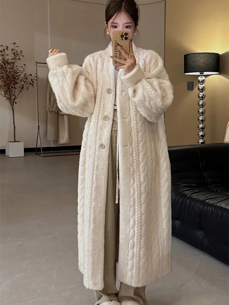 Elegant Faux Mink Fur Long Coats Winter Warm Thicken Cotton Padded Lined Jackets Women Single Breasted Loose Abrigos Tops Elegant Faux Mink Fur Long Coats Winter Warm Thicken Cotton Padded Lined Jackets Women Single Breasted Loose Abrigos Tops