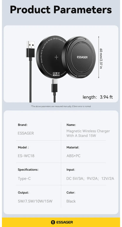 Essager 15W Magnetic Wireless Charger – Fast Charging Pad for iPhone 12-15 & AirPods | Wahooly Essager 15W Magnetic Wireless Charger – MagSafe-Style Fast Charging Pad for iPhone 12-15 & AirPods