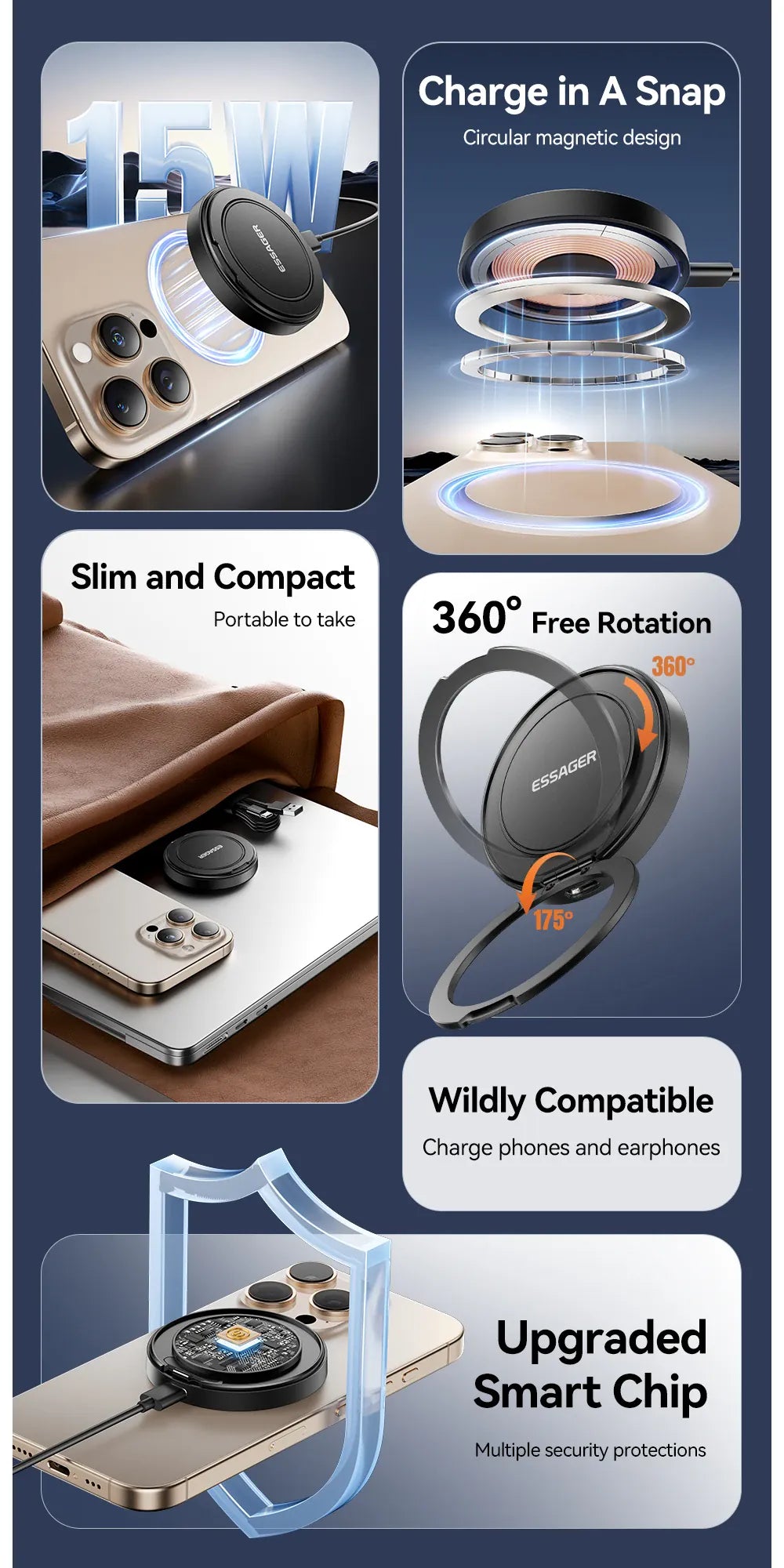 Essager 15W Magnetic Wireless Charger – Fast Charging Pad for iPhone 12-15 & AirPods | Wahooly Essager 15W Magnetic Wireless Charger – MagSafe-Style Fast Charging Pad for iPhone 12-15 & AirPods