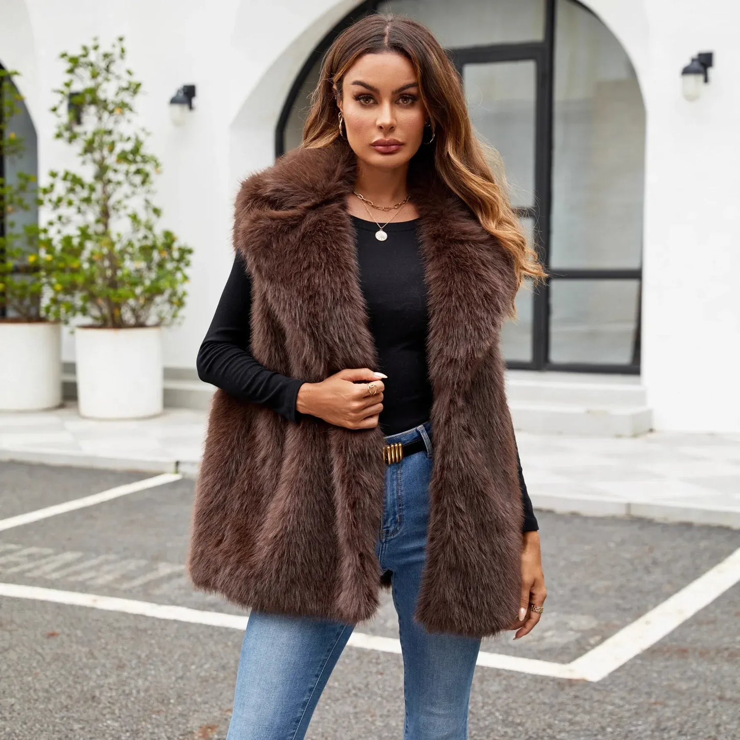 Faux Fox Fur Vest with Turn-Down Collar - Sleeveless Coat | Wahooly Faux Fox Fur Vest with Turn-Down Collar - Sleeveless Winter Coat