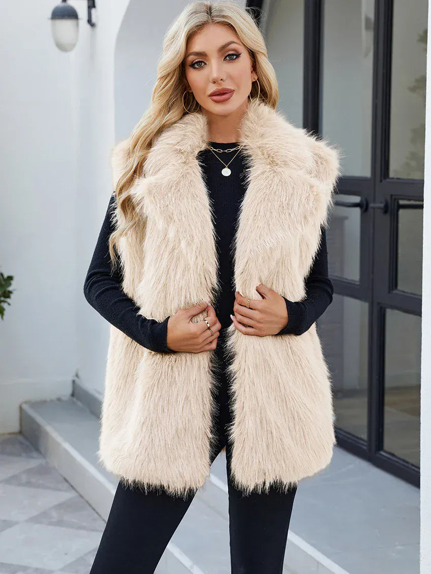 Faux Fox Fur Vest with Turn-Down Collar - Sleeveless Coat | Wahooly Faux Fox Fur Vest with Turn-Down Collar - Sleeveless Winter Coat
