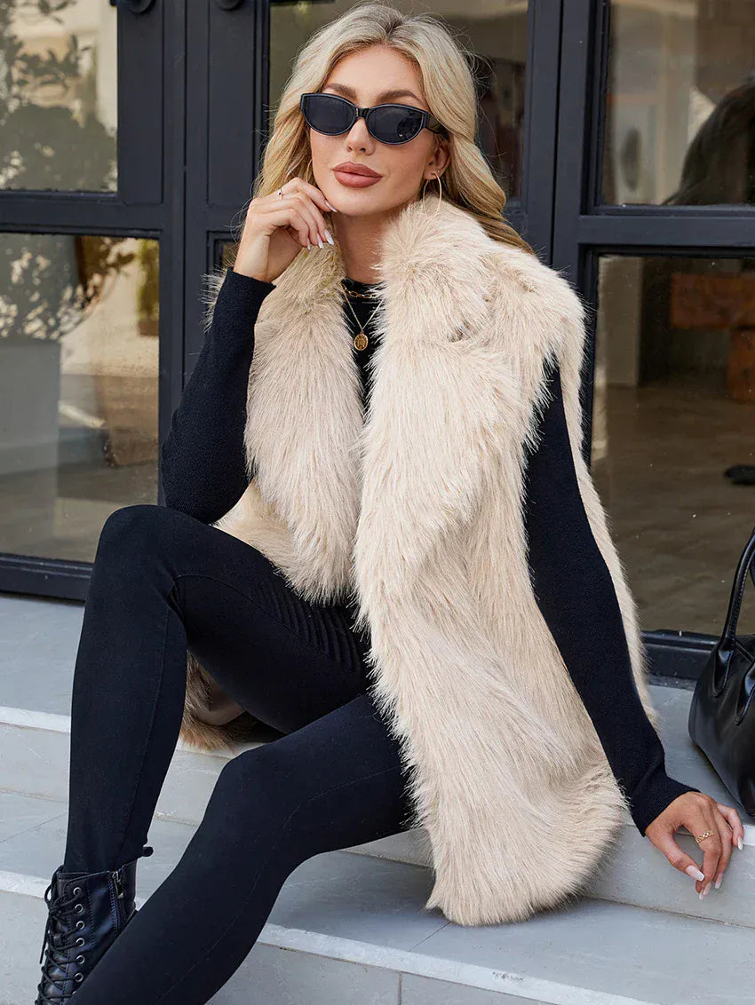 Faux Fox Fur Vest with Turn-Down Collar - Sleeveless Coat | Wahooly Faux Fox Fur Vest with Turn-Down Collar - Sleeveless Winter Coat