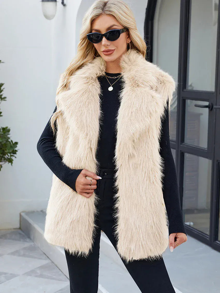 Faux Fox Fur Vest with Turn-Down Collar - Sleeveless Coat | Wahooly Faux Fox Fur Vest with Turn-Down Collar - Sleeveless Winter Coat