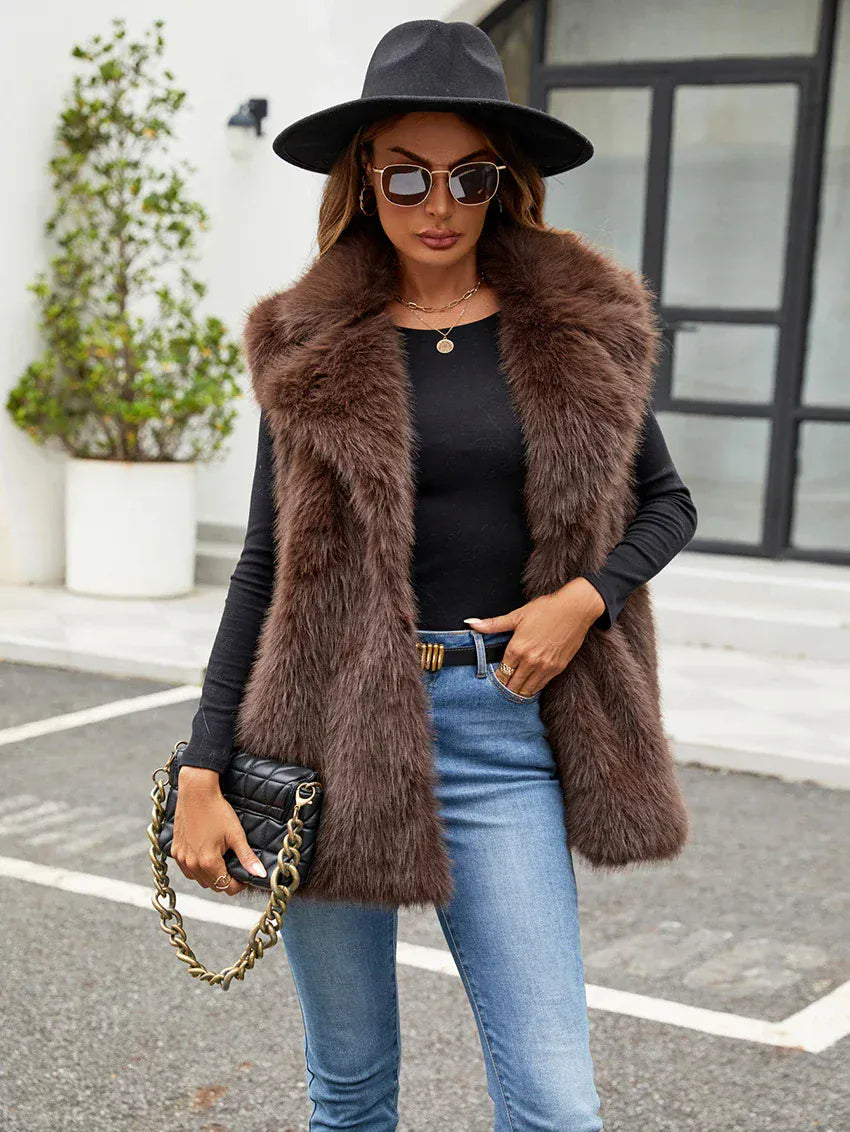 Faux Fox Fur Vest with Turn-Down Collar - Sleeveless Coat | Wahooly Faux Fox Fur Vest with Turn-Down Collar - Sleeveless Winter Coat
