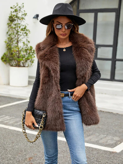 Faux Fox Fur Vest with Turn-Down Collar - Sleeveless Coat | Wahooly Faux Fox Fur Vest with Turn-Down Collar - Sleeveless Winter Coat