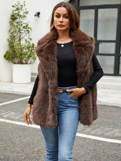 Faux Fox Fur Vest with Turn-Down Collar - Sleeveless Coat | Wahooly Faux Fox Fur Vest with Turn-Down Collar - Sleeveless Winter Coat