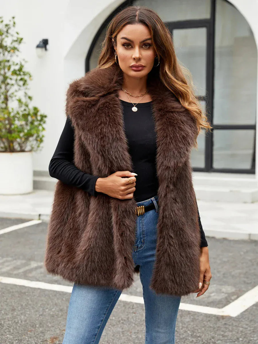 Faux Fox Fur Vest with Turn-Down Collar - Sleeveless Coat | Wahooly Faux Fox Fur Vest with Turn-Down Collar - Sleeveless Winter Coat