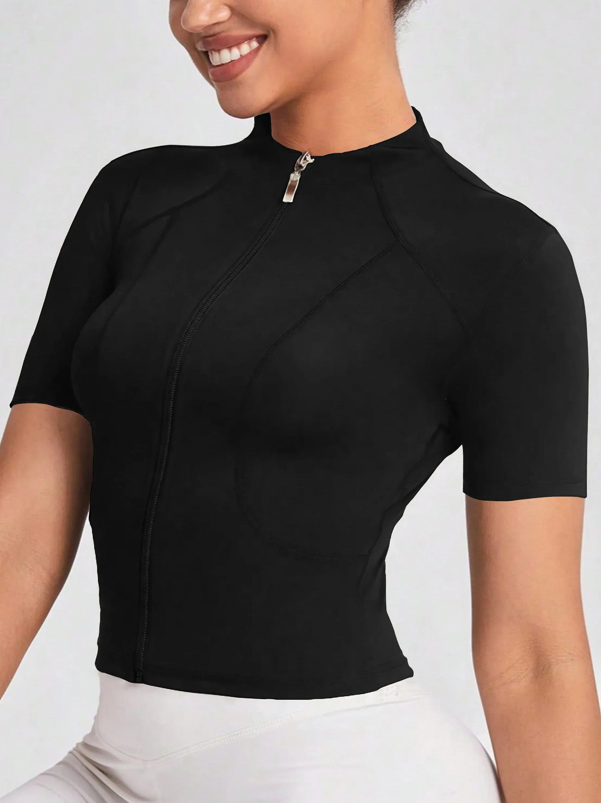 Fitness girl cycling yoga suit top, high-end full zipper jacket, sports T-shirt, training running short sleeved summer Fitness girl cycling yoga suit top, high-end full zipper jacket, sports T-shirt, training running short sleeved summer