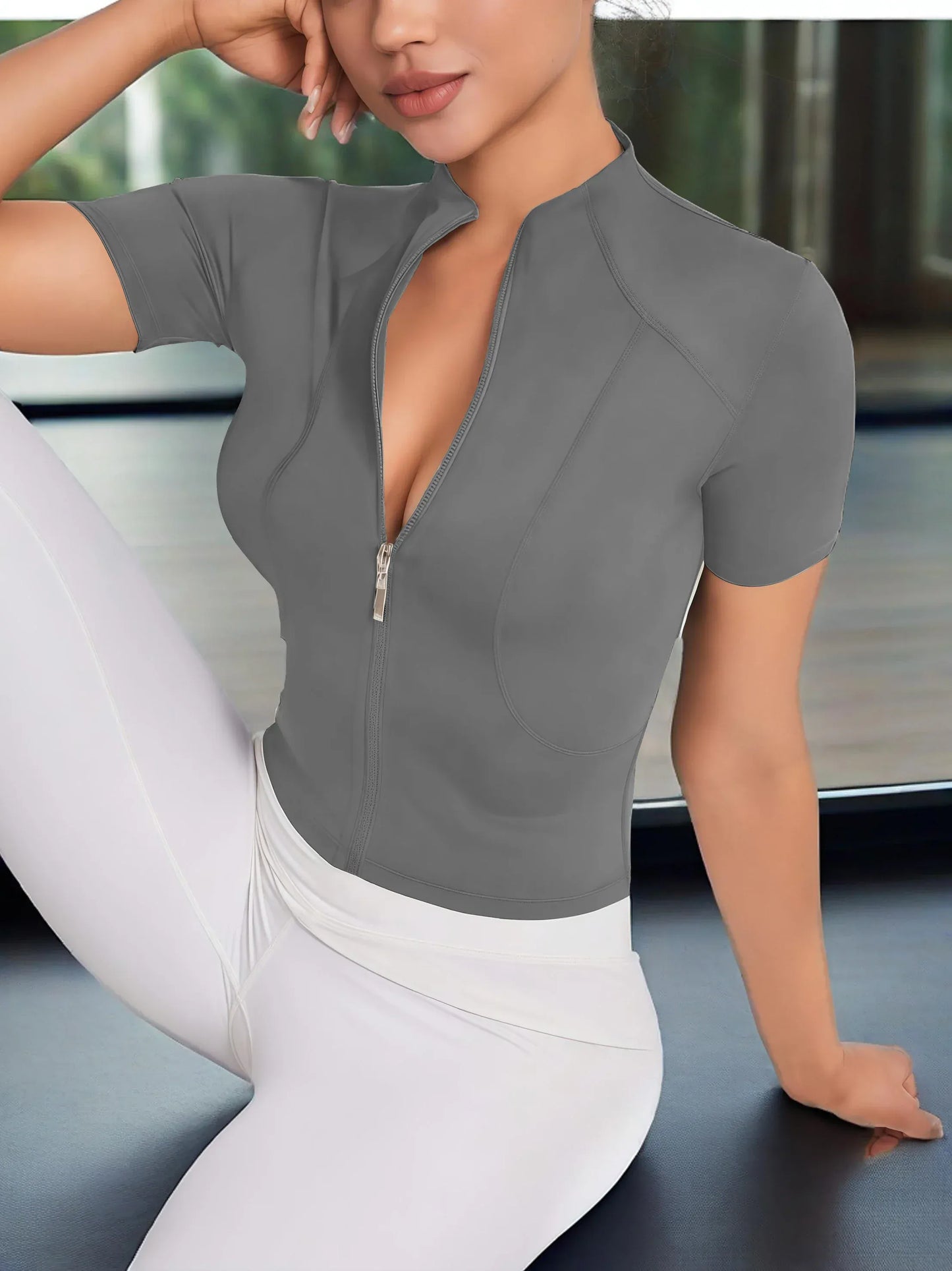 Fitness girl cycling yoga suit top, high-end full zipper jacket, sports T-shirt, training running short sleeved summer Fitness girl cycling yoga suit top, high-end full zipper jacket, sports T-shirt, training running short sleeved summer