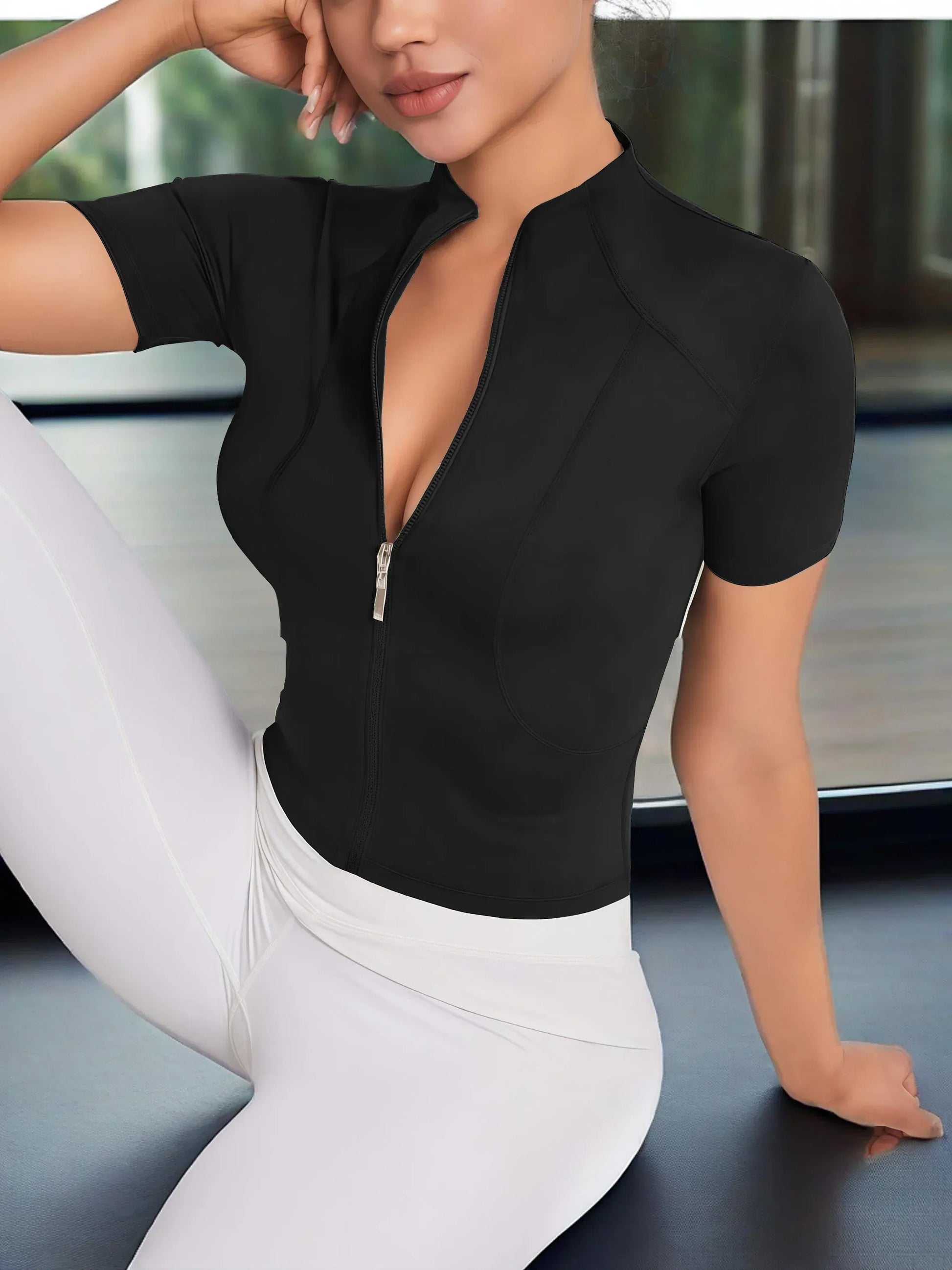 Fitness girl cycling yoga suit top, high-end full zipper jacket, sports T-shirt, training running short sleeved summer Fitness girl cycling yoga suit top, high-end full zipper jacket, sports T-shirt, training running short sleeved summer