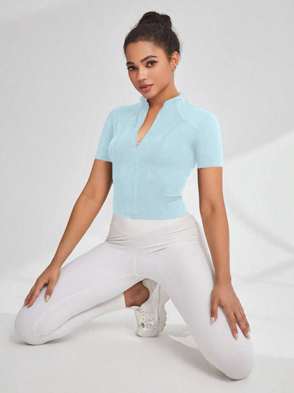 Fitness girl cycling yoga suit top, high-end full zipper jacket, sports T-shirt, training running short sleeved summer Fitness girl cycling yoga suit top, high-end full zipper jacket, sports T-shirt, training running short sleeved summer