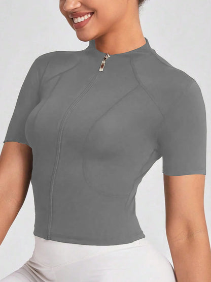 Fitness girl cycling yoga suit top, high-end full zipper jacket, sports T-shirt, training running short sleeved summer Fitness girl cycling yoga suit top, high-end full zipper jacket, sports T-shirt, training running short sleeved summer