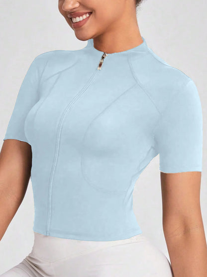 Fitness girl cycling yoga suit top, high-end full zipper jacket, sports T-shirt, training running short sleeved summer Fitness girl cycling yoga suit top, high-end full zipper jacket, sports T-shirt, training running short sleeved summer