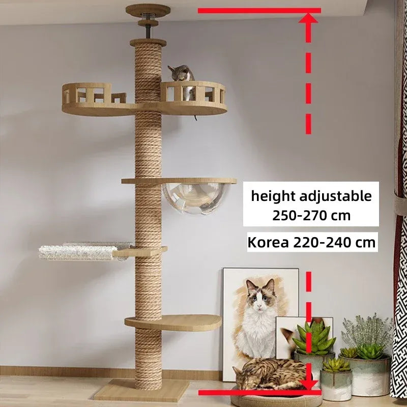 Floor-to-Ceiling Adjustable Cat Tree Tower 250-270cm – Multi-Level | Wahooly Floor-to-Ceiling Adjustable Cat Tree Tower – Multi-Level Condo with Hammock & Scratching Post