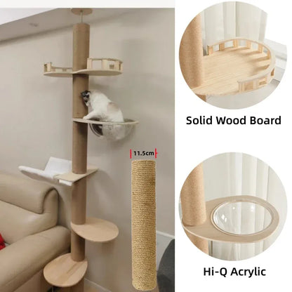Floor-to-Ceiling Adjustable Cat Tree Tower 250-270cm – Multi-Level | Wahooly Floor-to-Ceiling Adjustable Cat Tree Tower – Multi-Level Condo with Hammock & Scratching Post