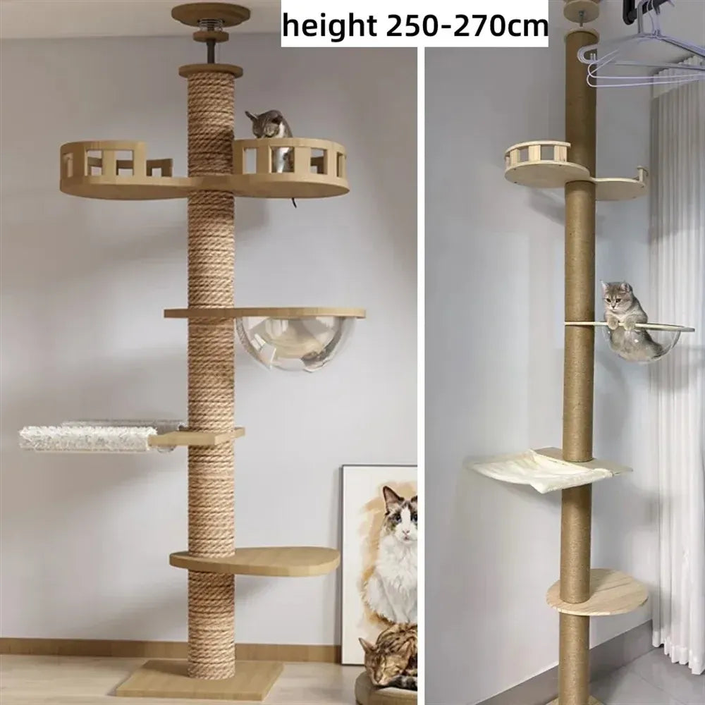 Floor-to-Ceiling Adjustable Cat Tree Tower 250-270cm – Multi-Level | Wahooly Floor-to-Ceiling Adjustable Cat Tree Tower – Multi-Level Condo with Hammock & Scratching Post