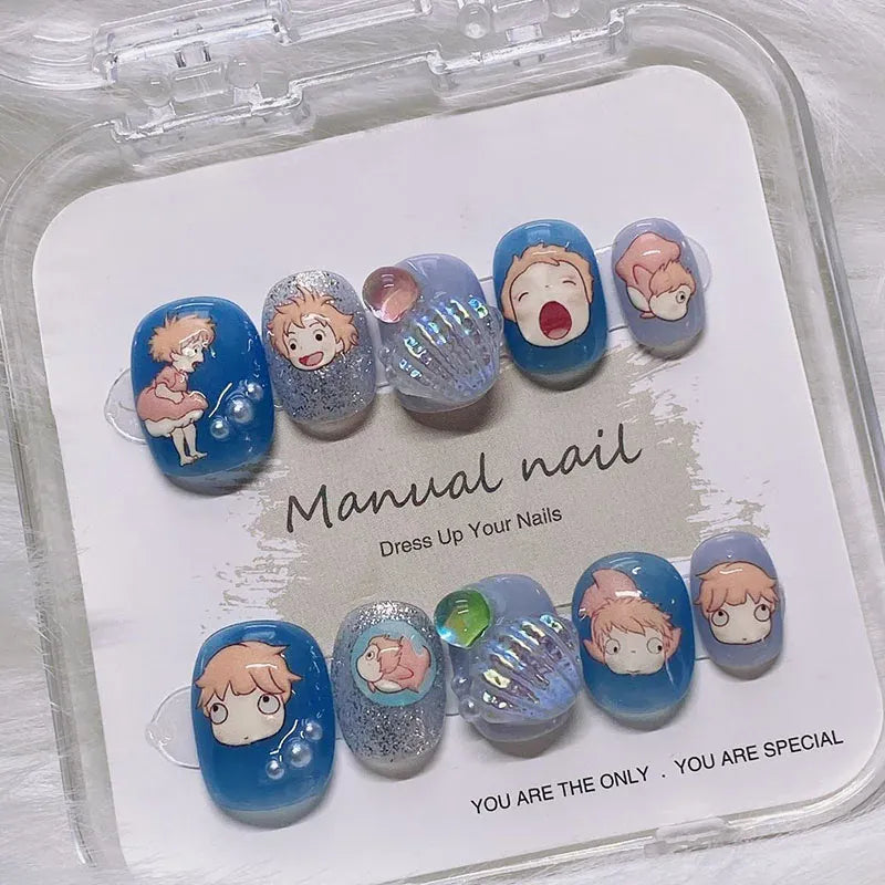 Kawaii Blue Sea Shell Press-On Nails - 3D Handmade | Wahooly Full Cover Acrylic Press on Nails - Blue Kawaii 3D Sea Shell Designs Summer Beach Handmade Japanese Nails Durable Everyday Wear