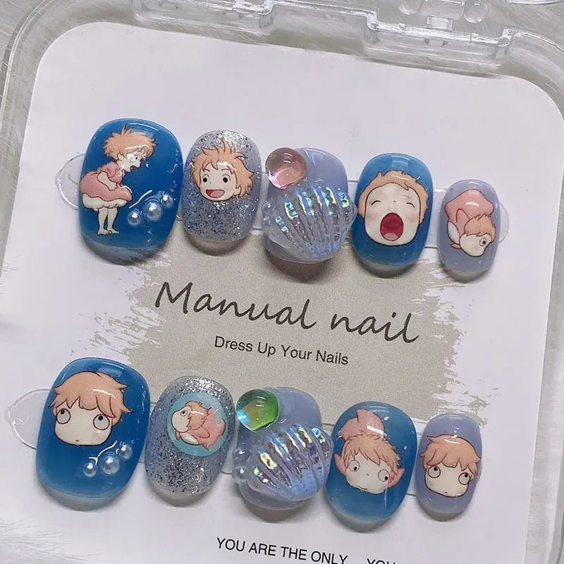 Kawaii Blue Sea Shell Press-On Nails - 3D Handmade | Wahooly Full Cover Acrylic Press on Nails - Blue Kawaii 3D Sea Shell Designs Summer Beach Handmade Japanese Nails Durable Everyday Wear