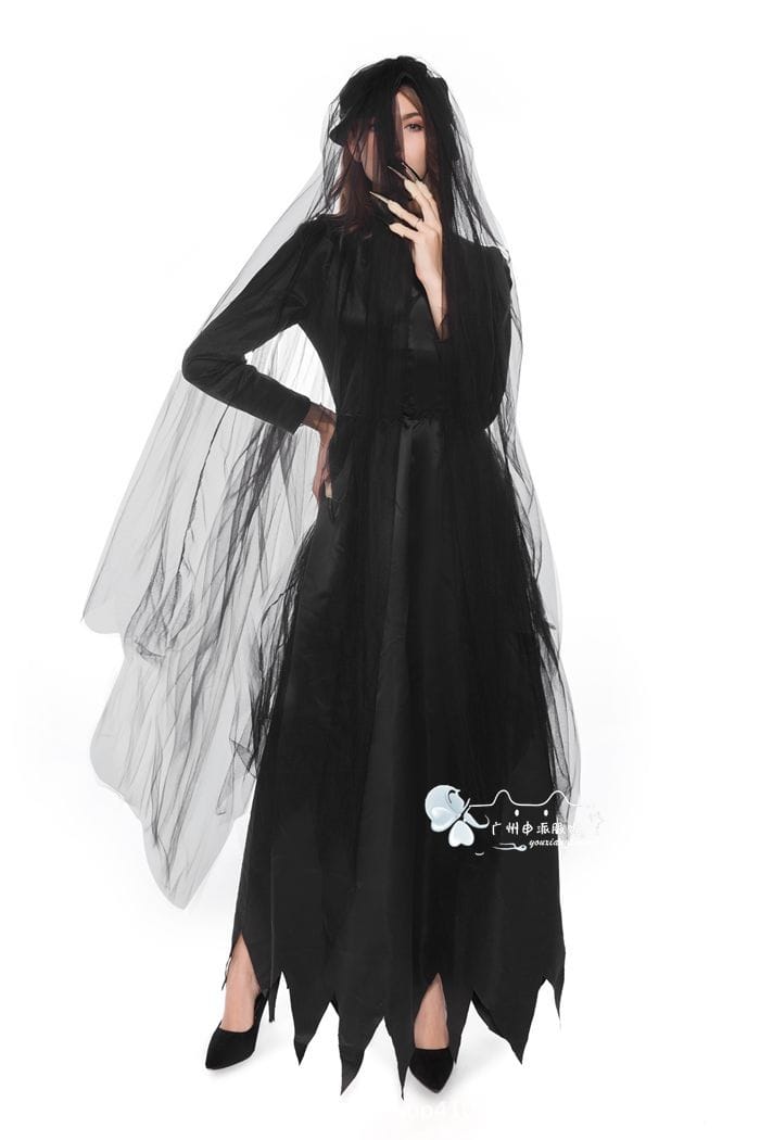 Ghost Bride Vampire Costume | Women's Black Wedding Dress Halloween Set M–XXL Ghost Bride Vampire Costume – Women's Black Wedding Dress Halloween Set