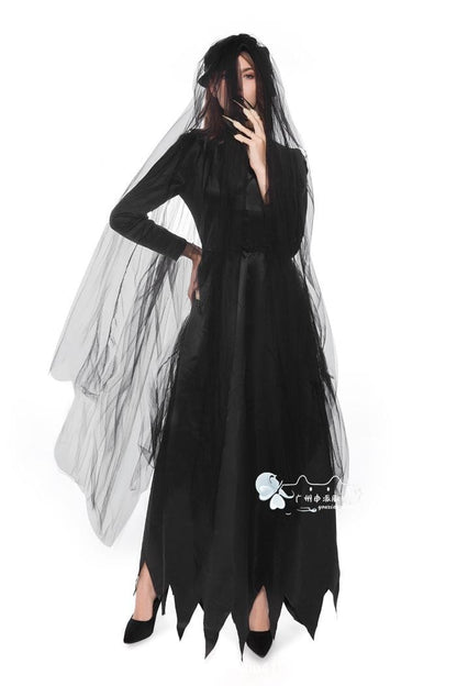 Ghost Bride Vampire Costume | Women's Black Wedding Dress Halloween Set M–XXL Ghost Bride Vampire Costume – Women's Black Wedding Dress Halloween Set