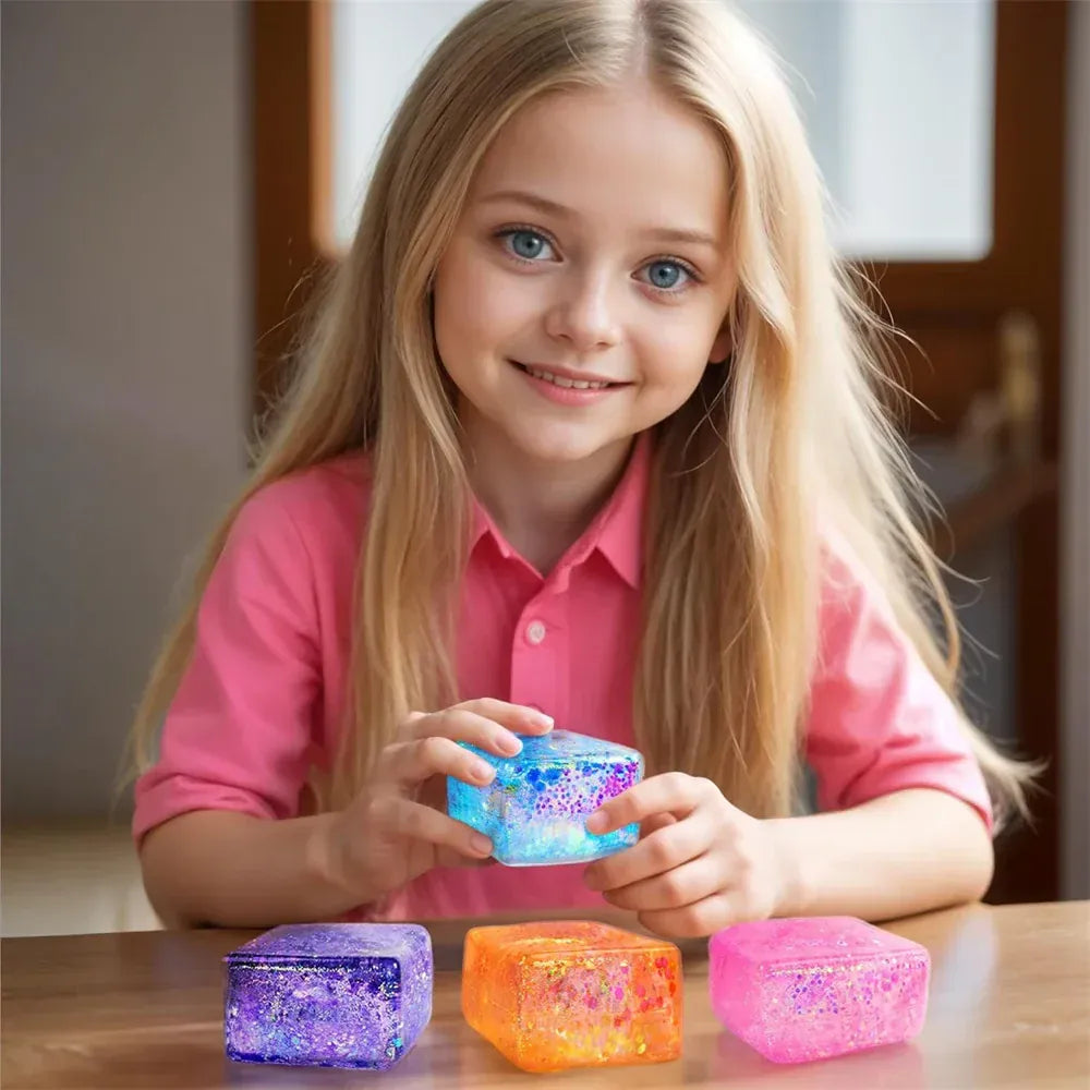 Glitter Ice Cube Squeeze Toy - Sensory Stress Relief Ball Glitter Ice Cube Squeeze Toy - Colorful Sensory Stress Relief Ball for Kids & Adults