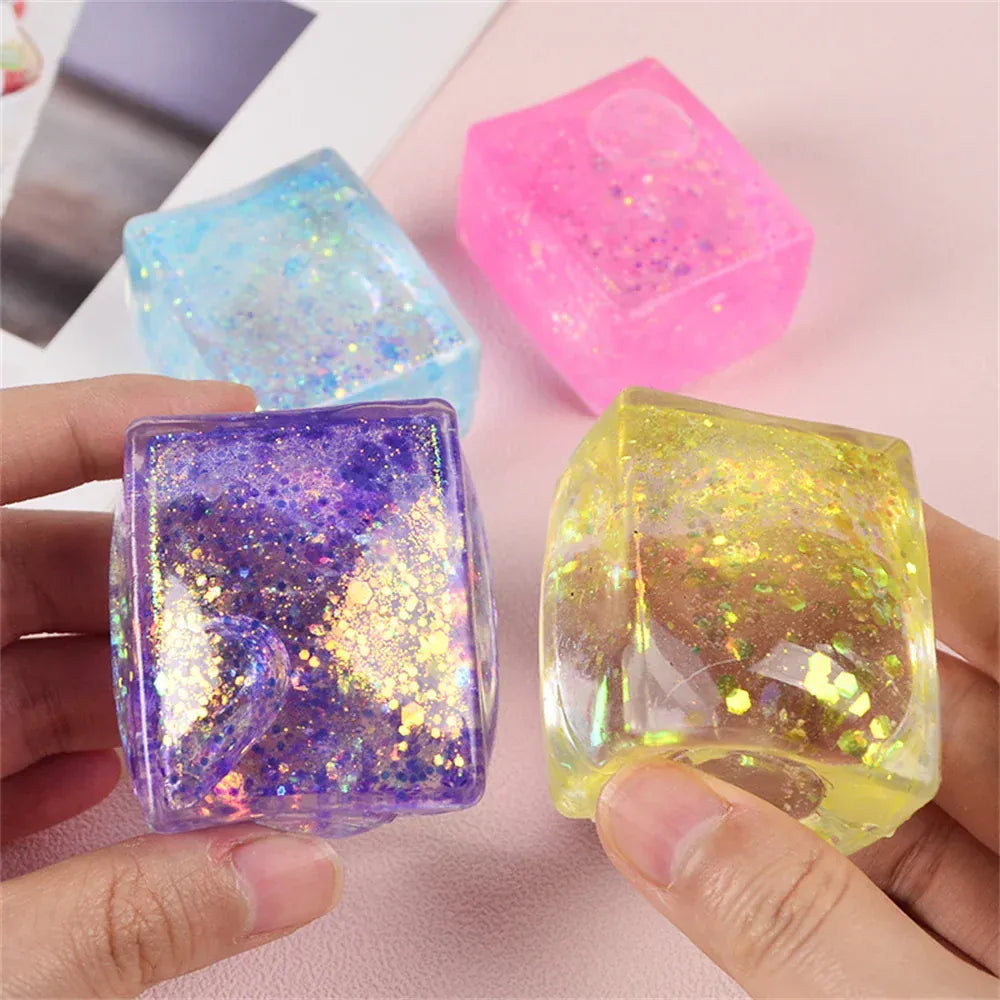 Glitter Ice Cube Squeeze Toy - Sensory Stress Relief Ball Glitter Ice Cube Squeeze Toy - Colorful Sensory Stress Relief Ball for Kids & Adults