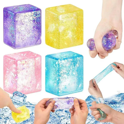 Glitter Ice Cube Squeeze Toy - Sensory Stress Relief Ball Glitter Ice Cube Squeeze Toy - Colorful Sensory Stress Relief Ball for Kids & Adults
