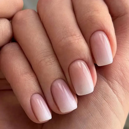 Glossy Gradient French Press-On Nails - Short Oval | Wahooly Glossy Press on Nails Set Short Oval Shiny Gradient French Nail Art Design Reusable Full Cover Fake Nails with Glue for Girls