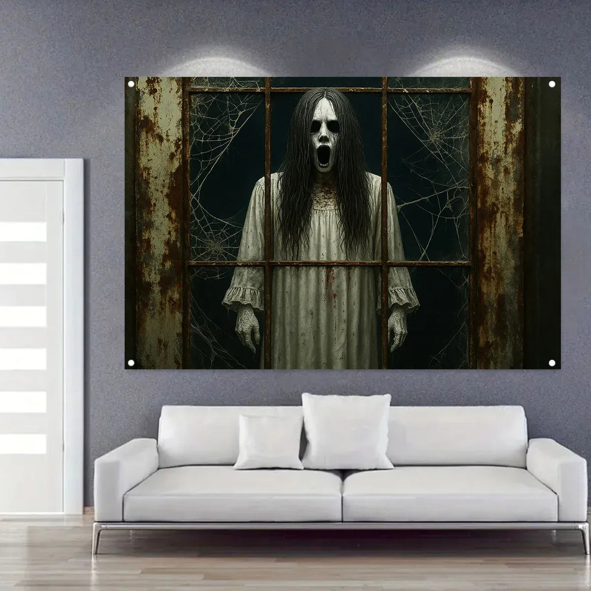 Gothic Haunted House Halloween Banner – Spider Web Backdrop | 12 Sizes Gothic Haunted House Halloween Banner – Rusty Windows & Spider Web Design | 12 Sizes