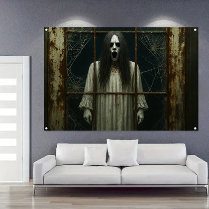 Gothic Haunted House Halloween Banner – Spider Web Backdrop | 12 Sizes Gothic Haunted House Halloween Banner – Rusty Windows & Spider Web Design | 12 Sizes