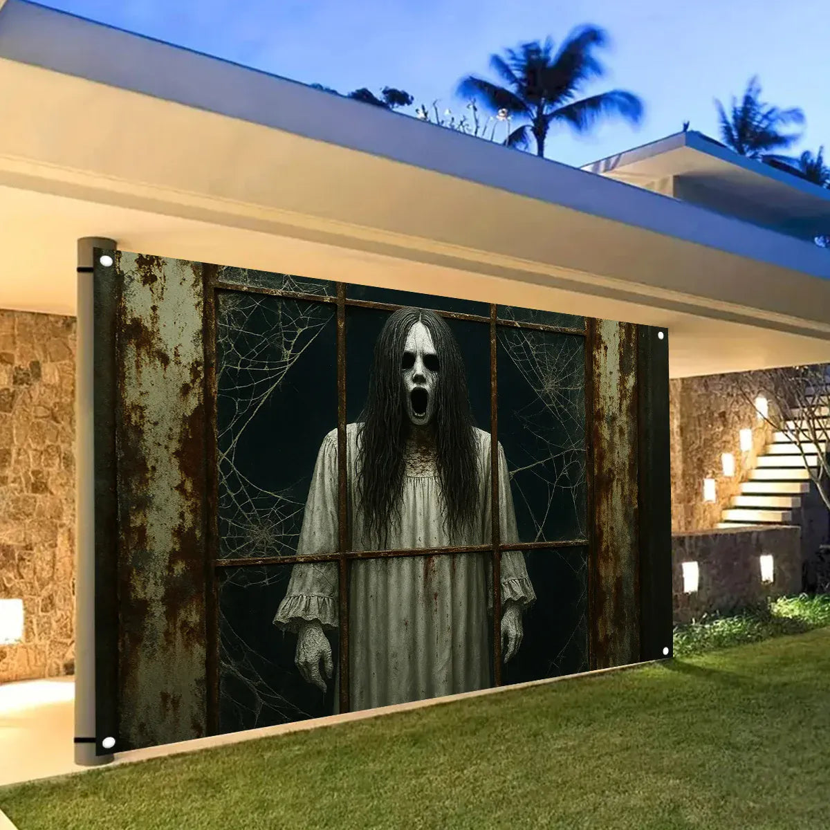 Gothic Haunted House Halloween Banner – Spider Web Backdrop | 12 Sizes Gothic Haunted House Halloween Banner – Rusty Windows & Spider Web Design | 12 Sizes