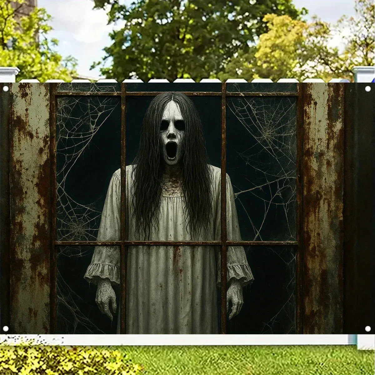 Gothic Haunted House Halloween Banner – Spider Web Backdrop | 12 Sizes Gothic Haunted House Halloween Banner – Rusty Windows & Spider Web Design | 12 Sizes