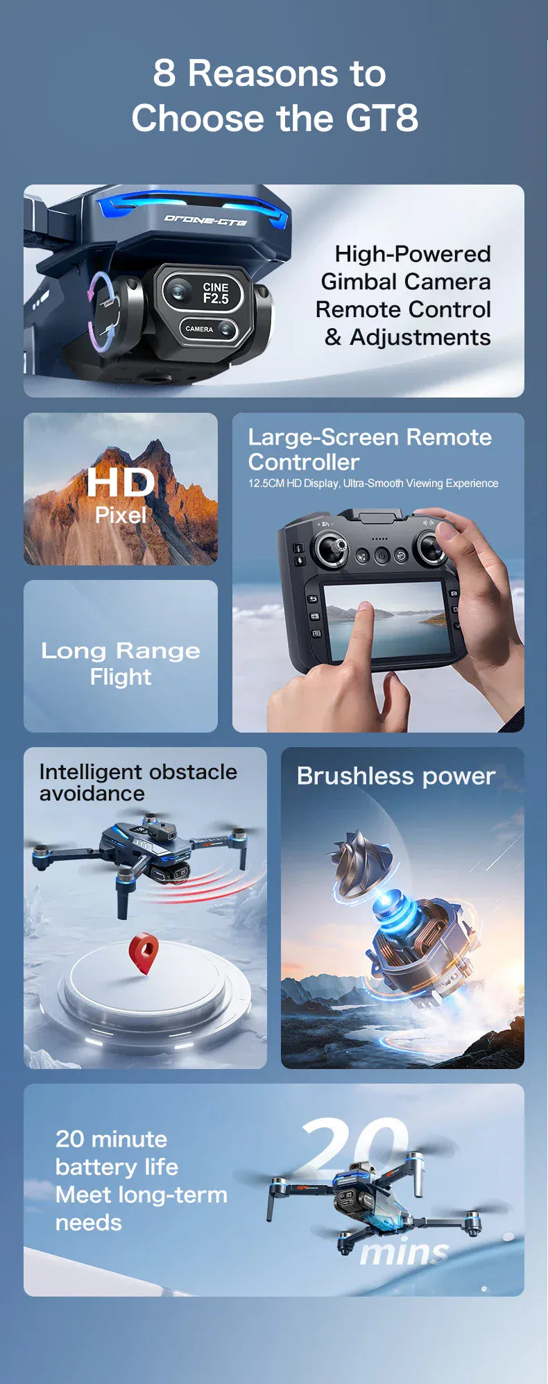 GT8 Drone 8K with Built-In Screen - Brushless Motor & LED Lights GT8 Drone with Screen 8K HD Camera WIFI Brushless Aerial photography quadcopter battery power display colourful lights RC dron