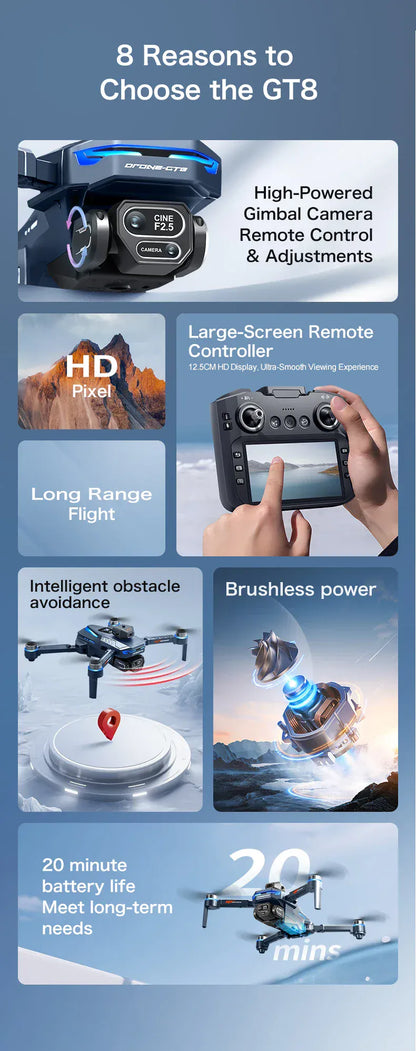 GT8 Drone 8K with Built-In Screen - Brushless Motor & LED Lights GT8 Drone with Screen 8K HD Camera WIFI Brushless Aerial photography quadcopter battery power display colourful lights RC dron