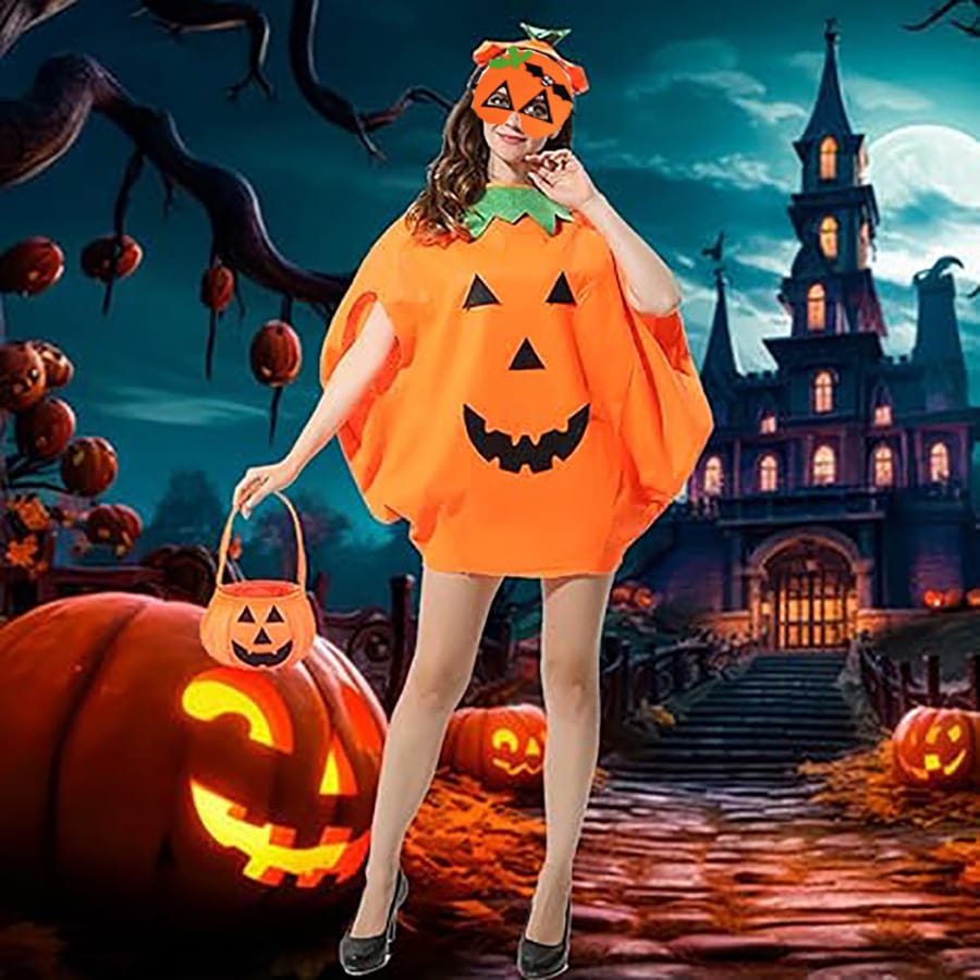 Halloween Pumpkin Costume Set – Hat, Candy Bag & 6-Piece Bundle | Kids & Adults Halloween Pumpkin Costume Set – Cute Hat, Candy Bag & 6-Piece Bundle | Kids & Adults