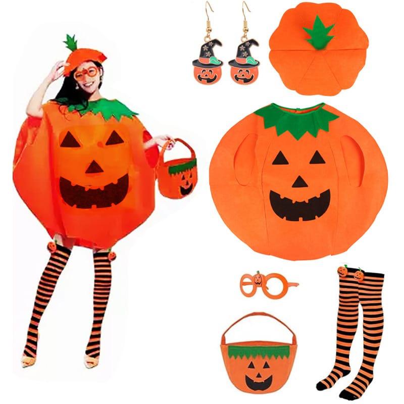 Halloween Pumpkin Costume Set – Hat, Candy Bag & 6-Piece Bundle | Kids & Adults Halloween Pumpkin Costume Set – Cute Hat, Candy Bag & 6-Piece Bundle | Kids & Adults