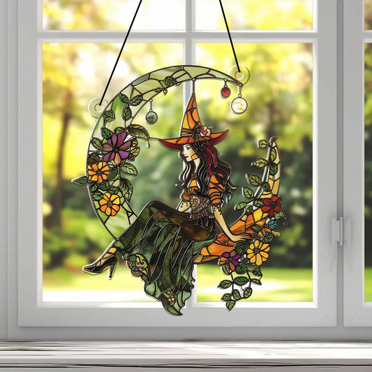 Halloween Witch Moon Suncatcher – Colorful Acrylic Window Decor Halloween Witch Moon Suncatcher – Colorful Acrylic Window Decoration