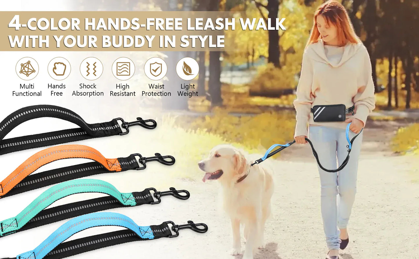 Hands-Free Bungee Dog Leash with Zipper Pouch & Dual Handles | Wahooly Hands-Free Bungee Dog Leash with Zipper Pouch & Dual Padded Handles – Walk, Jog & Run
