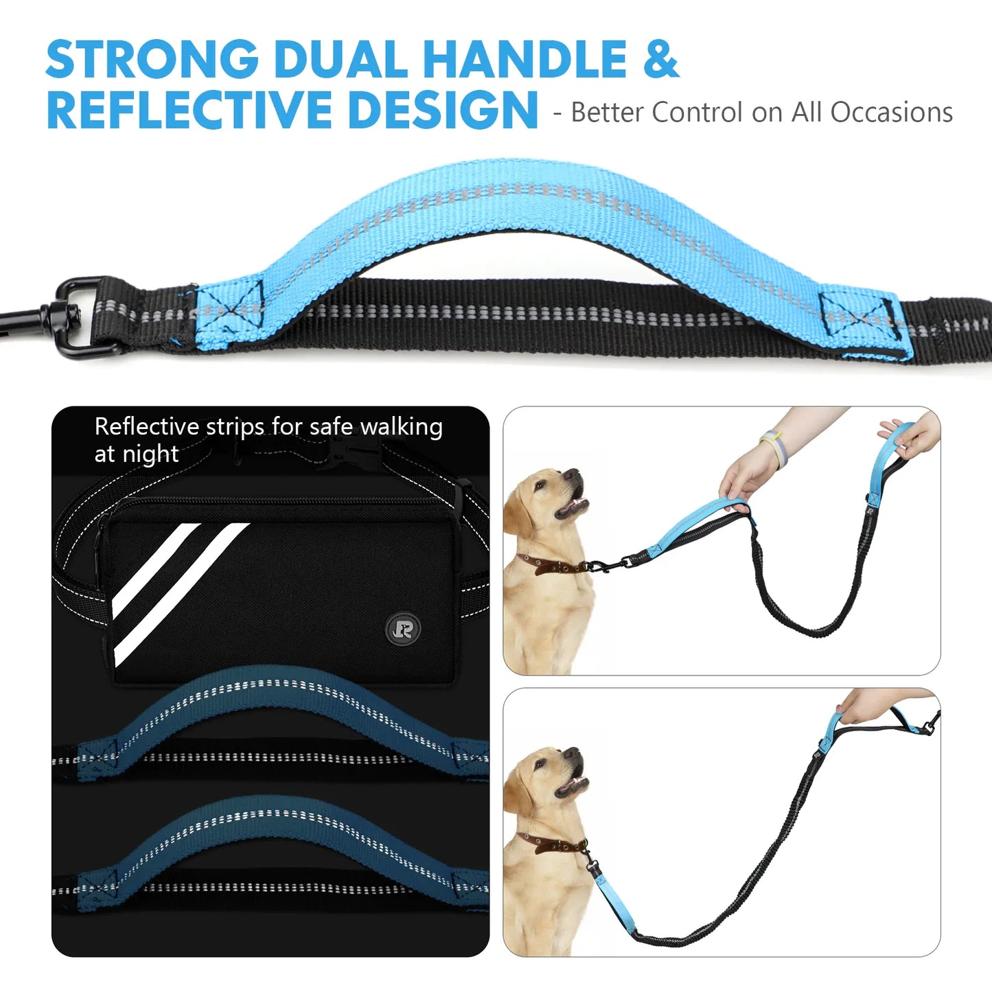 Hands-Free Bungee Dog Leash with Zipper Pouch & Dual Handles | Wahooly Hands-Free Bungee Dog Leash with Zipper Pouch & Dual Padded Handles – Walk, Jog & Run