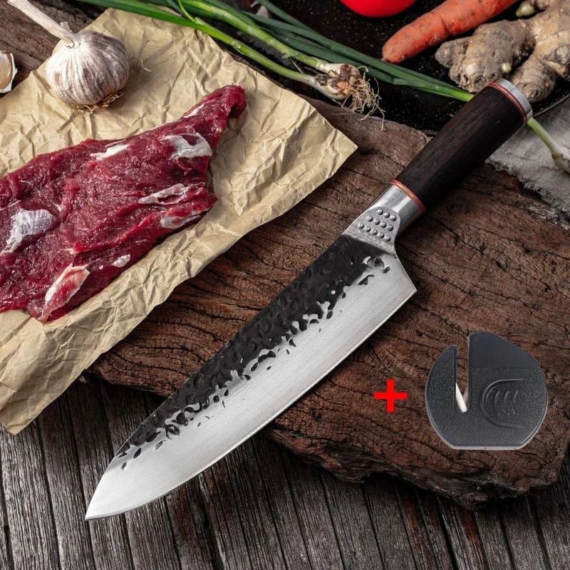 High Carbon Steel Chef Knife Clad Forged Steel Slicing Butcher Kitchen Knives Meat Cleaver Vegetable Knife with Knife sharpener High Carbon Steel Chef Knife Clad Forged Steel Slicing Butcher Kitchen Knives Meat Cleaver Vegetable Knife with Knife sharpener
