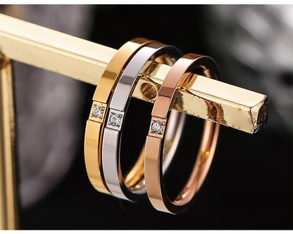 Korean Style Diamond Stainless Steel Ring – Unisex Geometric Band | Silver, Rose Gold & Gold Korean Style Diamond Stainless Steel Ring – Unisex Geometric Band