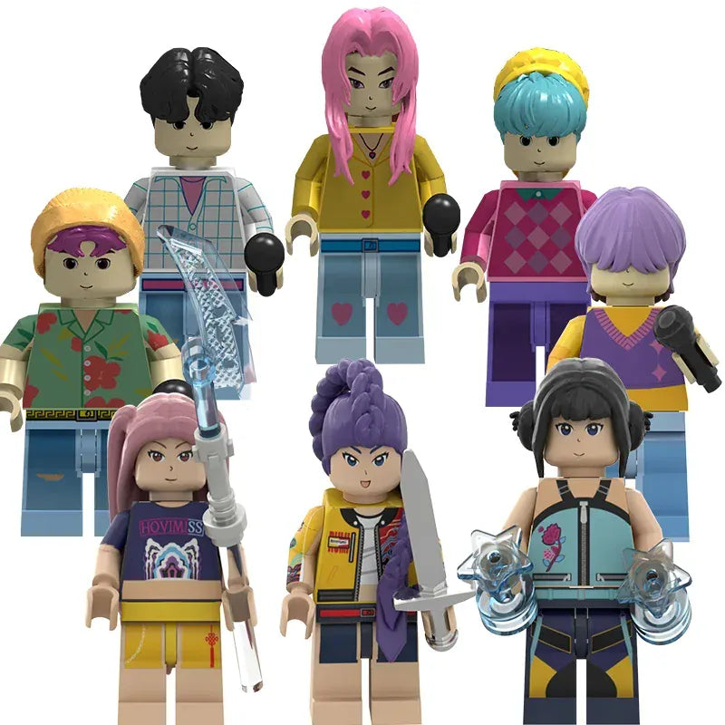 KPop Demon Hunters, a group of demon hunters, build blocks with Lumi and assemble toy building blocks with dolls KPop Demon Hunters, a group of demon hunters, build blocks with Lumi and assemble toy building blocks with dolls