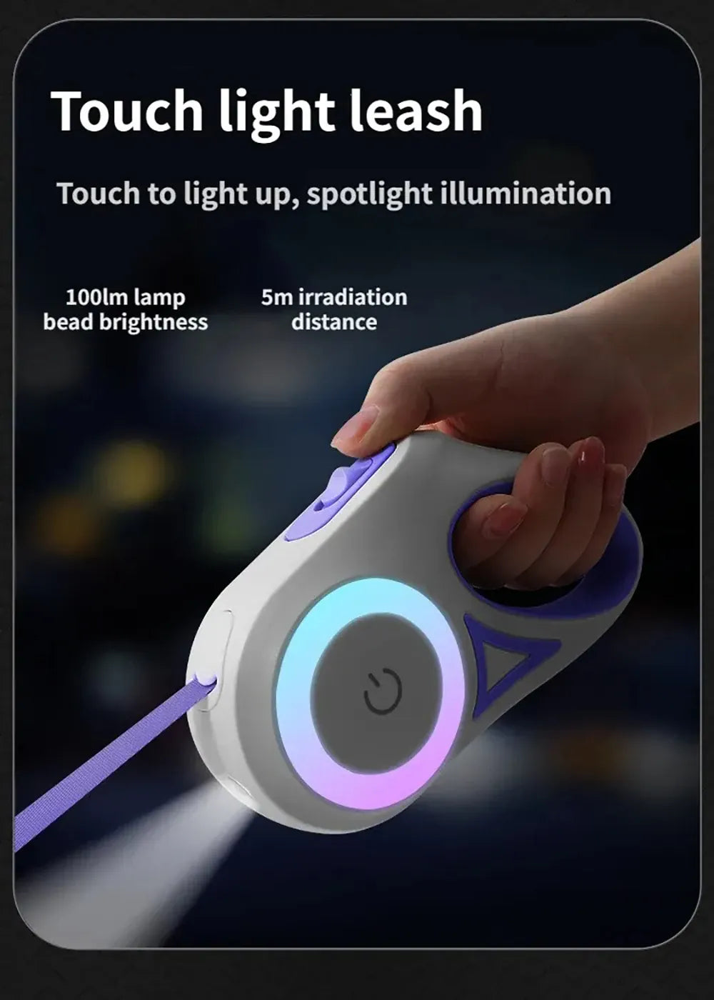 LED Retractable Dog Leash with Flashlight & RGB Ring – 3m & 5m | Wahooly LED Retractable Dog Leash with Flashlight & RGB Light Ring – 3m & 5m